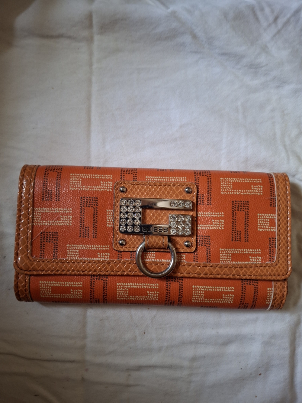 GUESS Orange Monogram Rhinestone Logo Flap Wallet Y2K